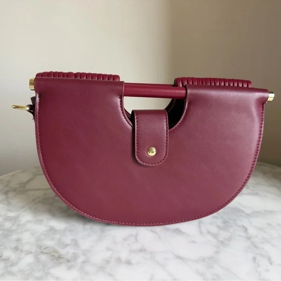 Ribbed Half-Moon Shoulder Bag in Burgundy with Crossbody Strap - Picture 3 of 8